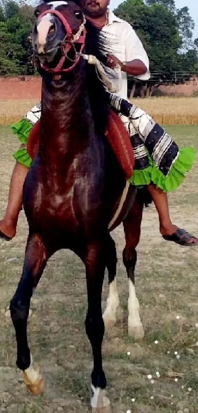 Horse with rider in open field, vibrant scene.