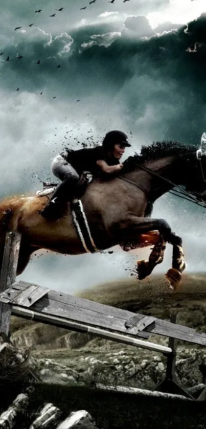 Horse and rider jumping over a fence against a dramatic sky.