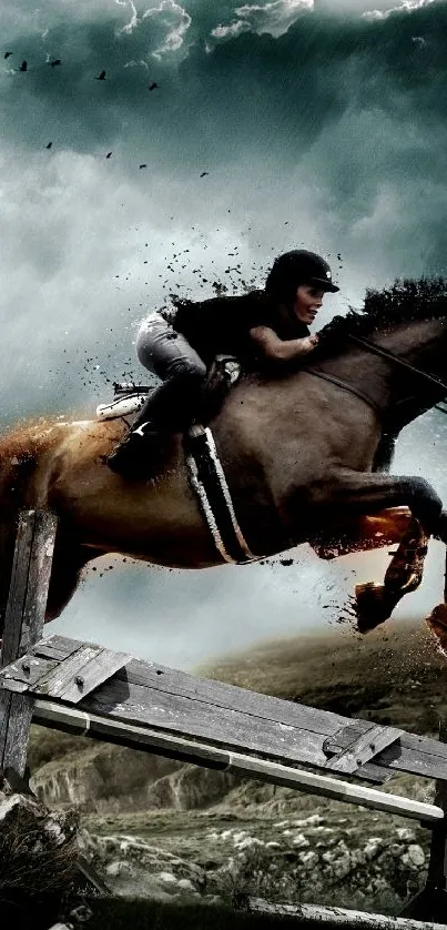 Dynamic wallpaper of a horse jumping against a stormy sky.