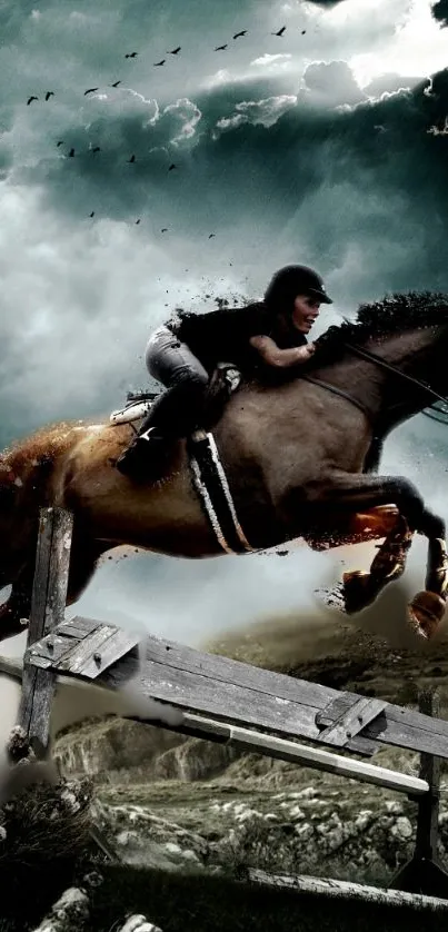 Horse and rider in mid-jump against a stormy sky backdrop.