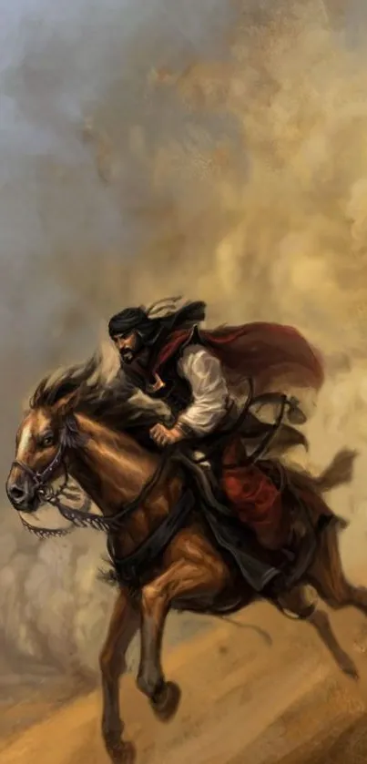 Horse rider in dynamic action with swirling dust backdrop.