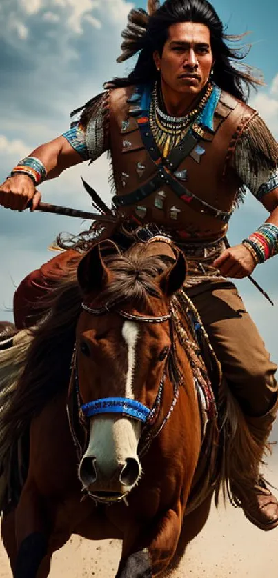 Horse rider racing across open plains under a dramatic sky.