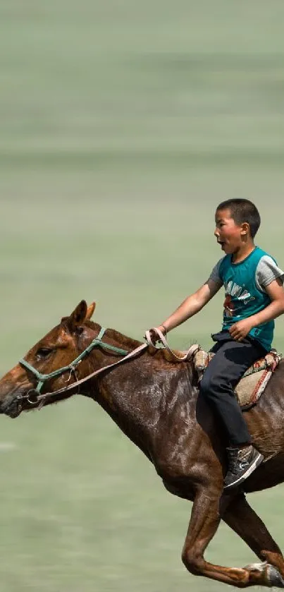 Young boy riding a horse across open fields.