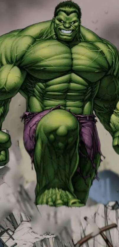 Hulk smashing through debris in powerful green pose.