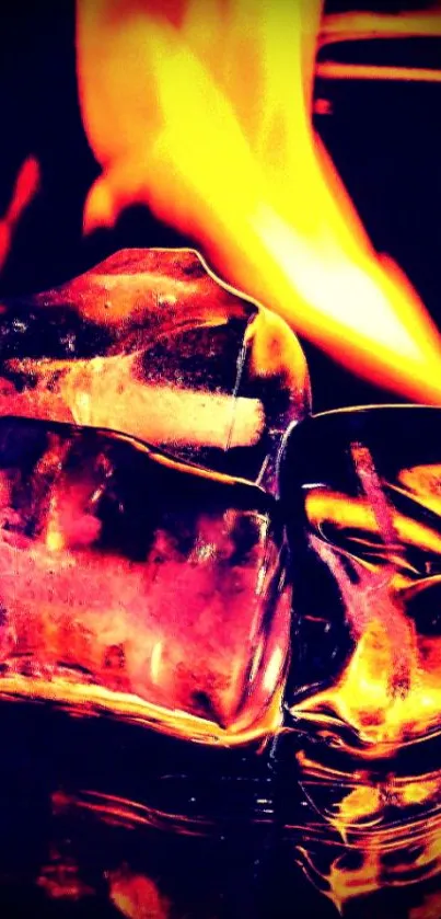 Ice cubes with a fiery background creating a vibrant contrast.