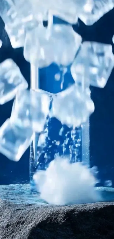 Ice cubes and water in motion with blue background.