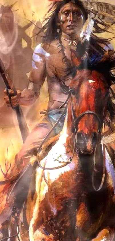 Indigenous horseman with vibrant motion and earth tones.