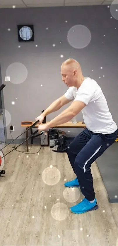 Focused man exercising in a gym setting.