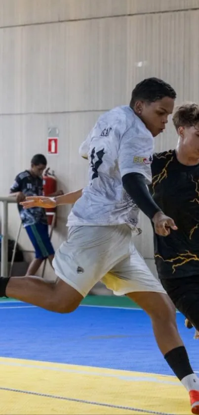 Intense indoor soccer match in action.