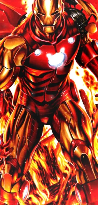 Iron hero surrounded by vivid flames in dynamic action pose.