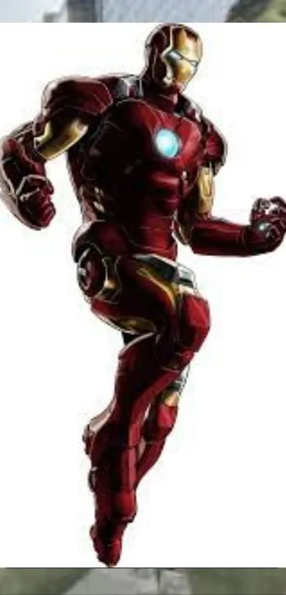 A dynamic Iron Man in red and gold armor, striking a powerful pose.