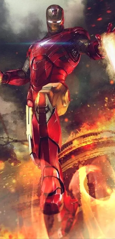 Iron Man in action with fiery intense background.