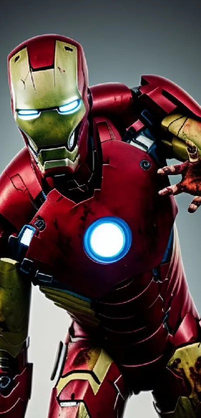 Iron suit with red and gold colors, glowing blue center, dynamic pose.