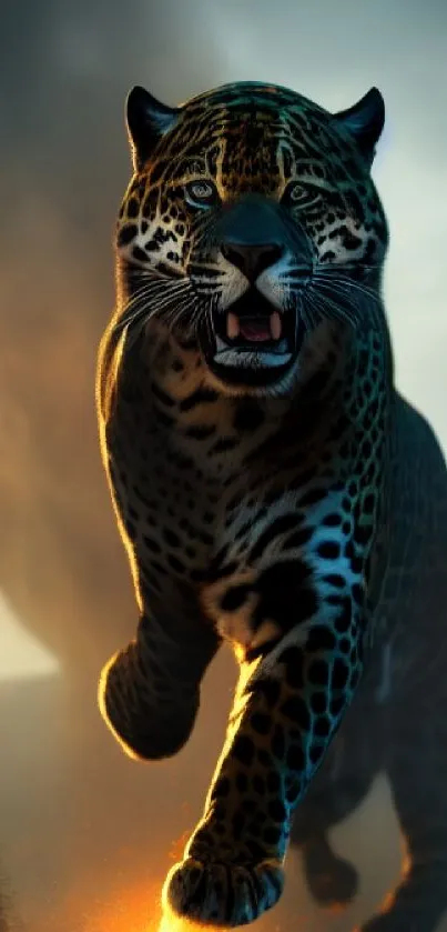 Leaping jaguar in dynamic natural setting, showcasing vibrant wildlife details.