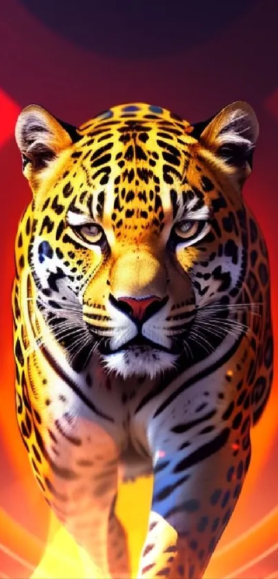 Energetic jaguar walking with vibrant red and orange background.