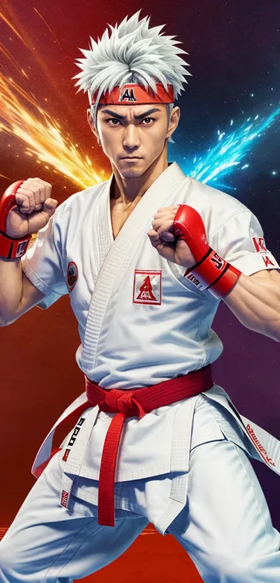 Karate fighter poised for action with colorful energy bursts in the background.