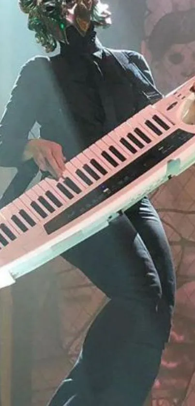 Dynamic black-clad keytar player in a lively concert scene.