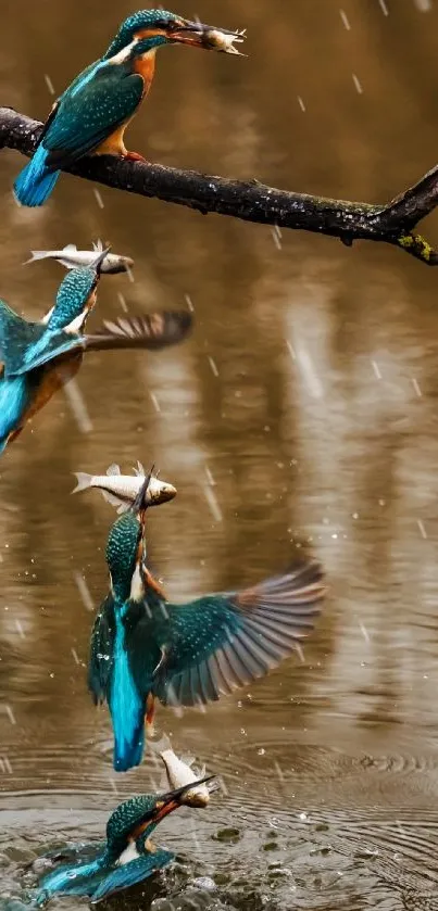 Dynamic sequence of kingfisher catching fish.