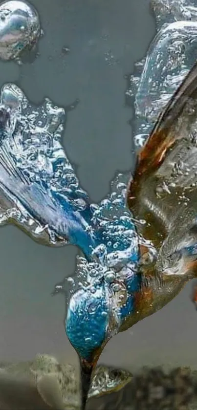 Kingfisher diving underwater with vibrant splashes.