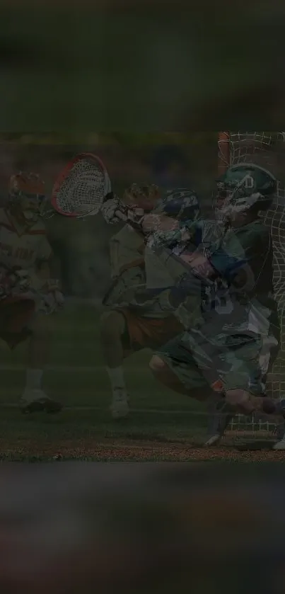 Lacrosse players in action on field during a game.