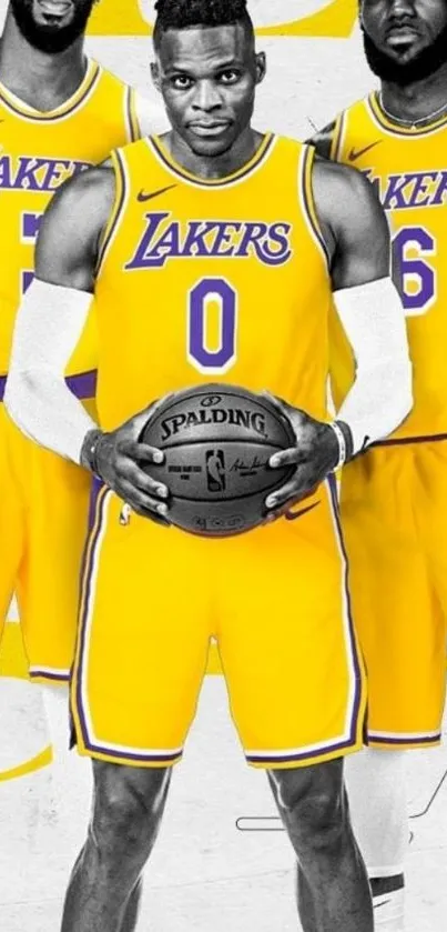 Lakers players in yellow jerseys posing on court wallpaper.