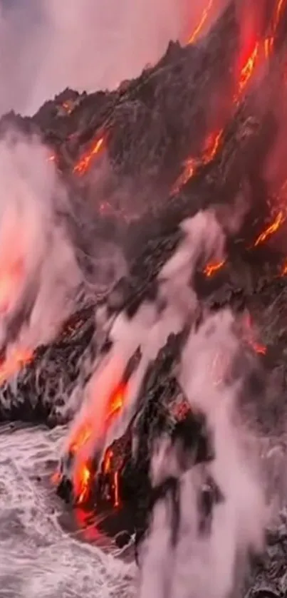 Dynamic mobile wallpaper of vibrant lava flowing into the ocean.