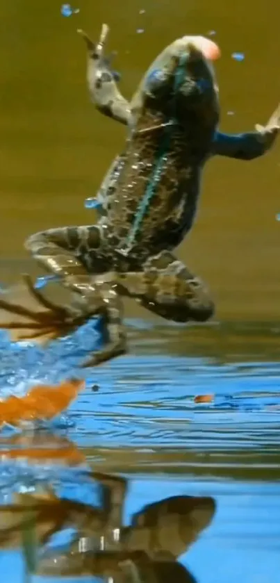 Leaping frog captured over a reflective water surface.