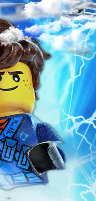 Lego character with blue lightning background, vibrant and action-packed.