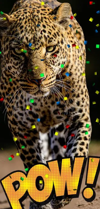 Vibrant leopard with confetti and bold 'POW!' text design.