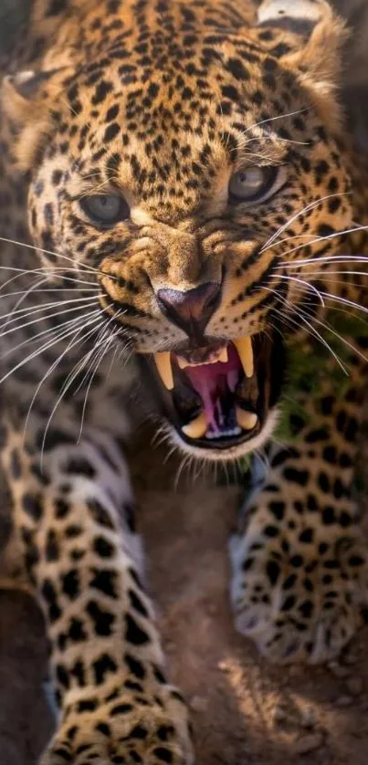 Close-up of a roaring leopard in natural habitat, showcasing its intense expression.