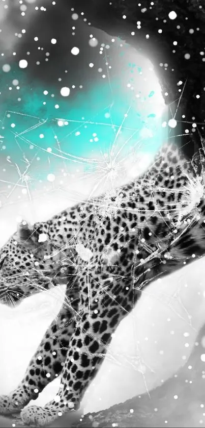 Dynamic leopard art with turquoise splashes, ideal for phone wallpaper.