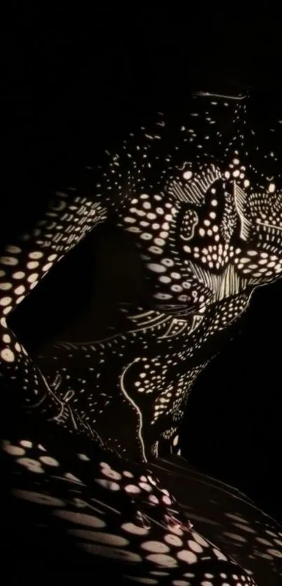 Intricate light pattern on black background, artistic mobile wallpaper.