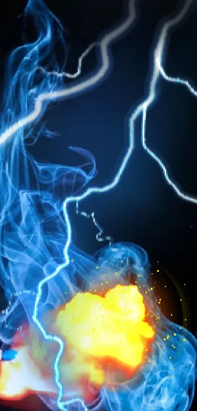 Electrifying wallpaper with lightning, blue smoke, and fiery explosion.