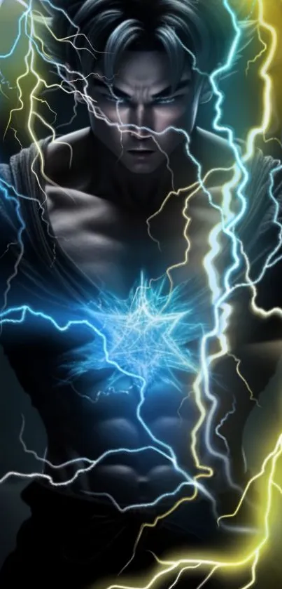 Powerful figure with blue and yellow lightning on a dark background.