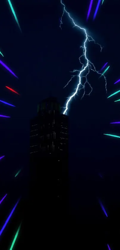 Lightning bolt striking over a city building at night.