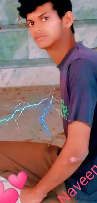 Young person on stairs with lightning effects.