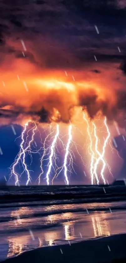 Dynamic lightning bolts over a beach at night.