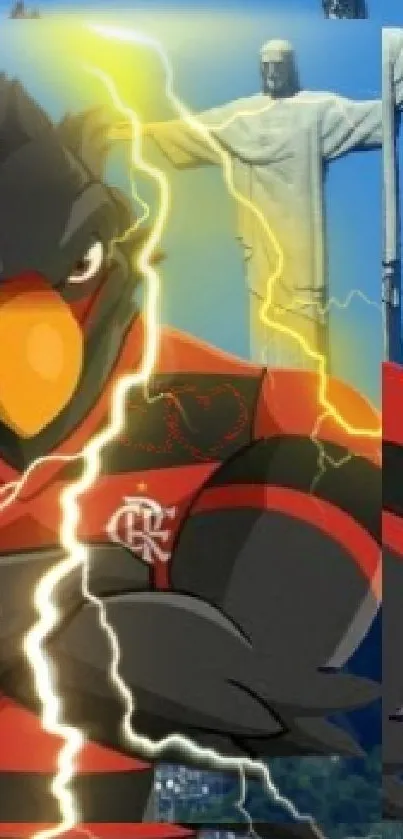 Cartoon bird with lightning and statue on dynamic wallpaper.