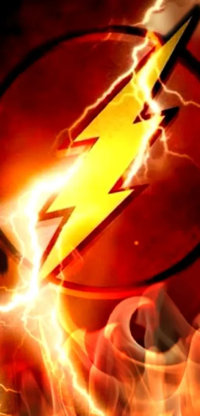 Vibrant wallpaper with a dynamic lightning bolt and fiery background.