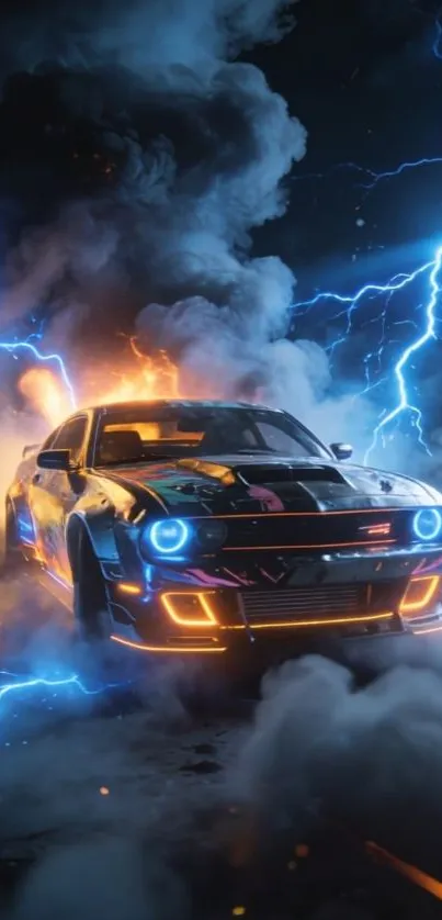 Lightning car in a stormy night scene with glowing elements.
