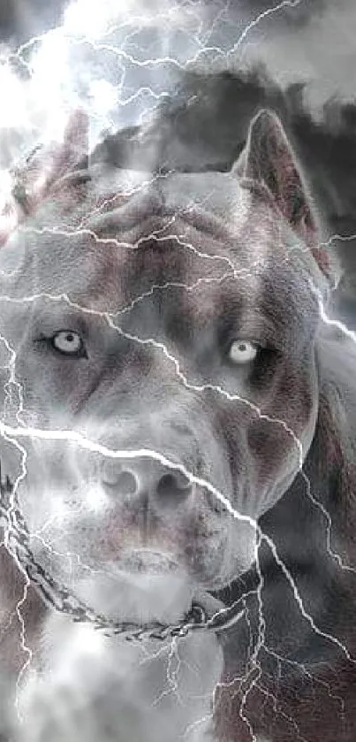 Fierce dog with intense lightning in a stormy grey sky wallpaper.