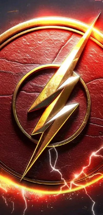 Dynamic lightning emblem with red and gold highlights on a mobile wallpaper.