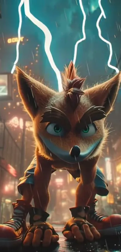 Animated fox with lightning in city scene