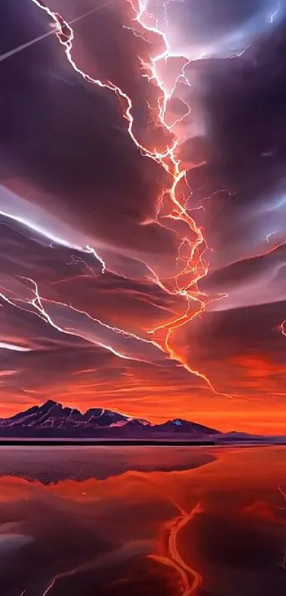 Dynamic lightning with vibrant orange and purple sky reflected on water.