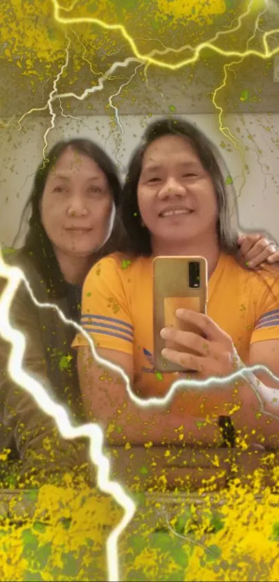 Mirror selfie with vibrant yellow lightning effect wallpaper.