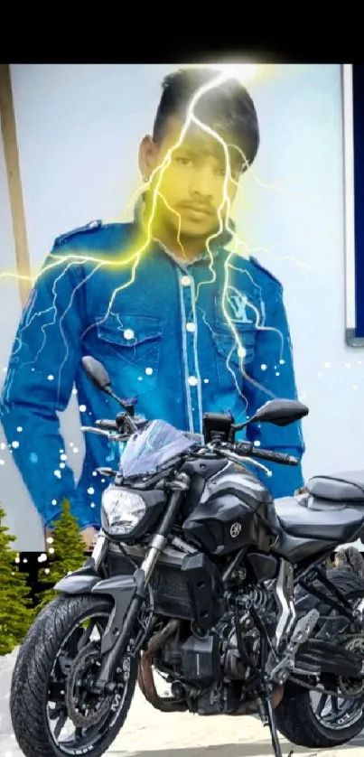 Motorcycle with dynamic lightning effects background.