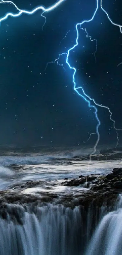 Vivid lightning strikes over an ocean with misty waterfalls at night.