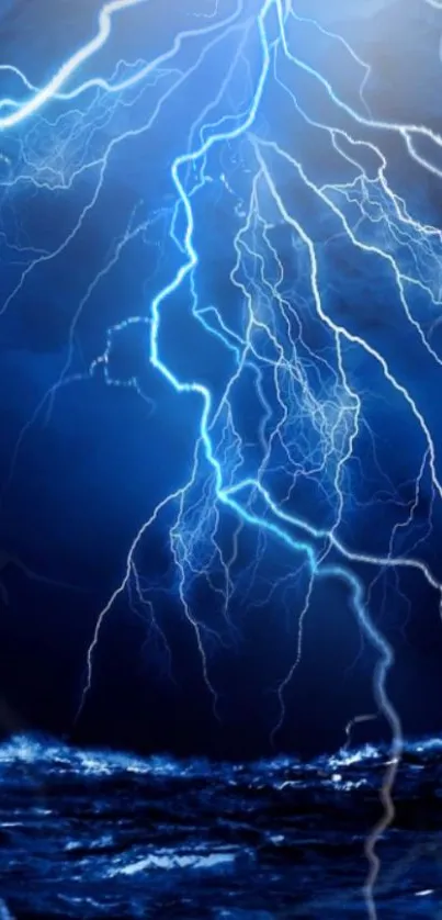 Electrifying blue lightning over a stormy ocean in this stunning phone wallpaper.