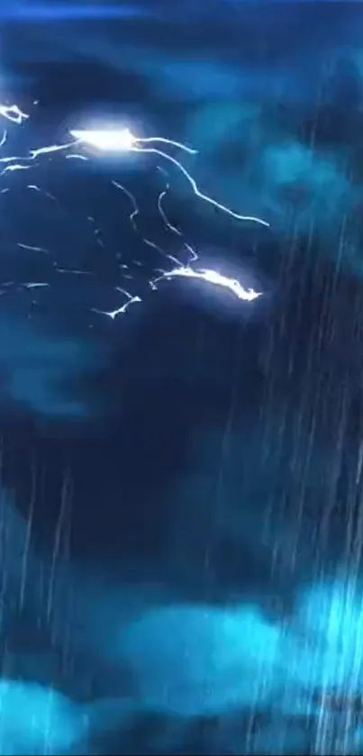 Electrifying lightning storm in blue tones with rain effect as mobile wallpaper.