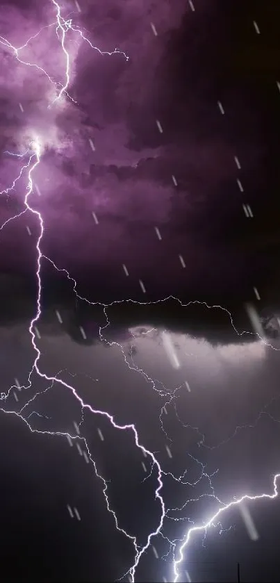 Dramatic lightning storm illuminating the night sky with vivid purple hues.